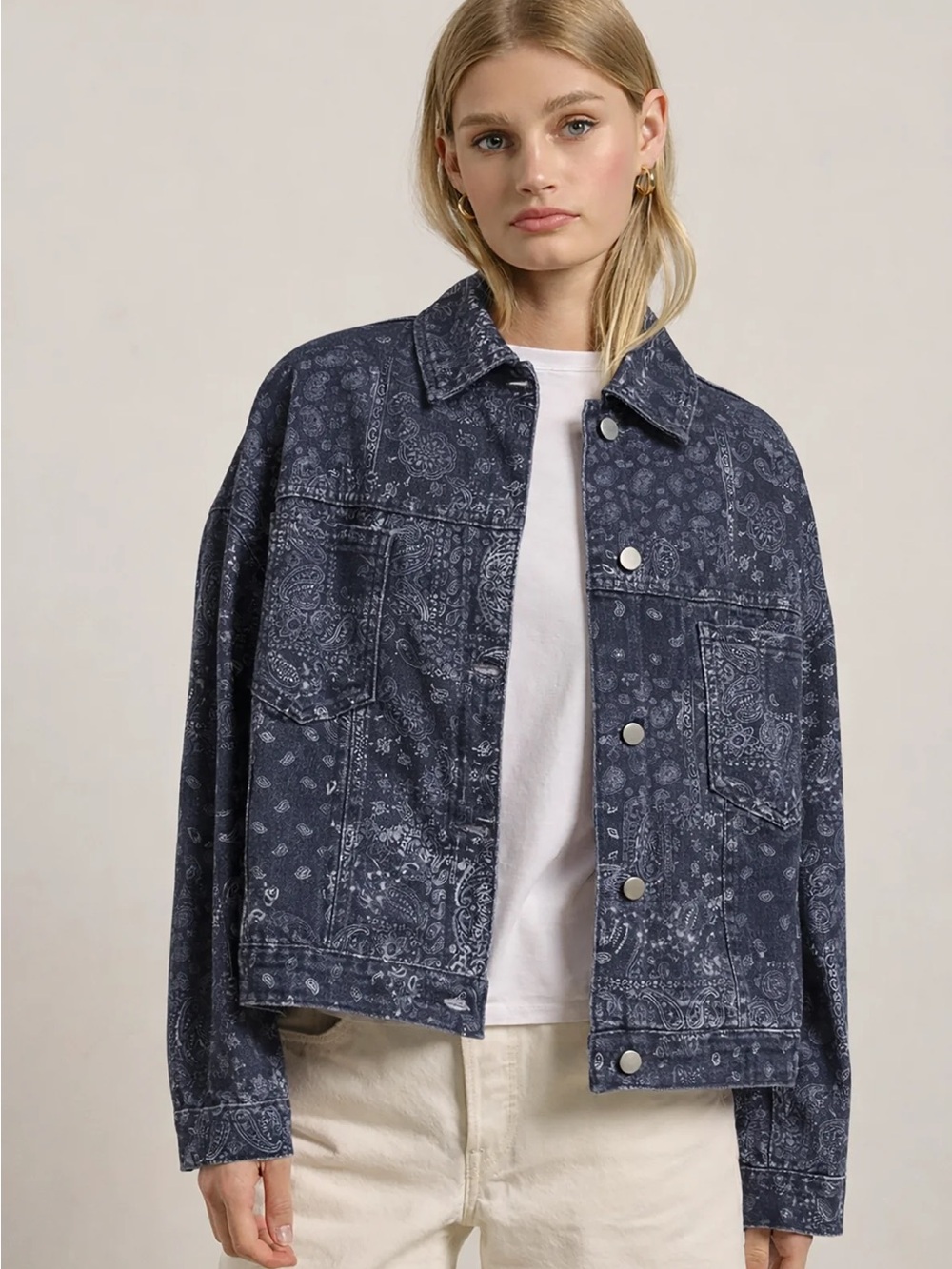 Printed Navy Paisley Denim Jacket - Casual Boxy Jean Jacket
